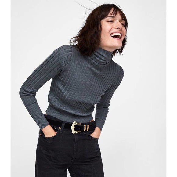 Zara Gray Ribbed Fitted Turtleneck Sweater Size S - Picture 1 of 9